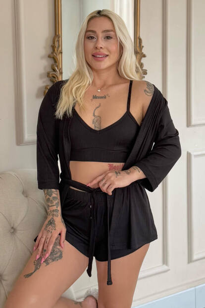 Siyah Dublin Büstiyerli Sabahlıklı Kadın Pijama Takımı 