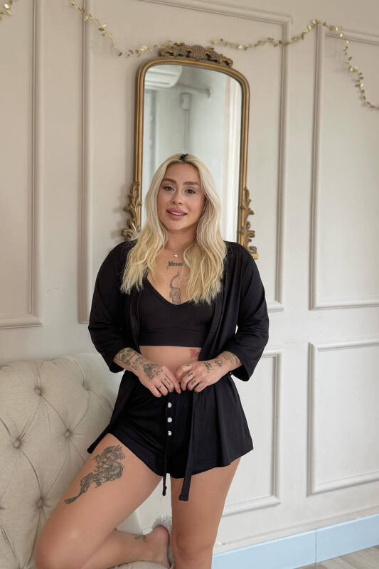 Siyah Dublin Büstiyerli Sabahlıklı Kadın Pijama Takımı - Pijamaevi (1)