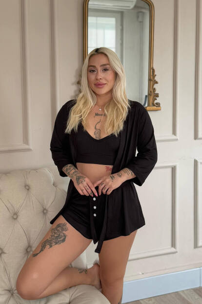 Siyah Dublin Büstiyerli Sabahlıklı Kadın Pijama Takımı - 3
