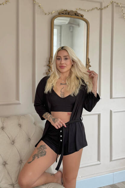 Siyah Dublin Büstiyerli Sabahlıklı Kadın Pijama Takımı - 4