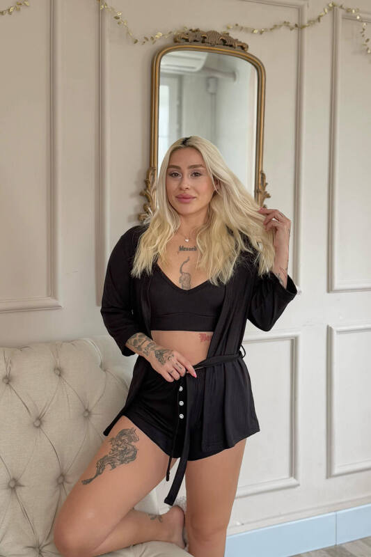 Siyah Dublin Büstiyerli Sabahlıklı Kadın Pijama Takımı - Pijamaevi (3)