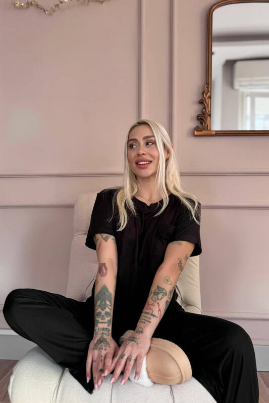 Siyah Dublin Kısa Kollu Dantelli Kadın Pijama Takımı - Pijamaevi (2)