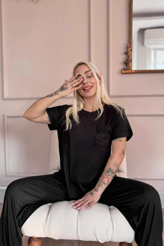 Siyah Dublin Kısa Kollu Dantelli Kadın Pijama Takımı - Pijamaevi (3)