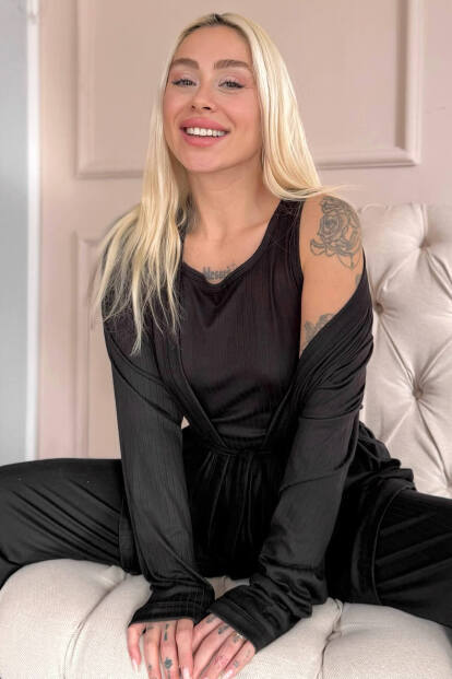 Siyah Dublin Sabahlıklı Kadın Pijama Takımı - 6