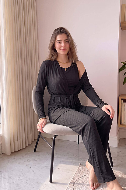 Siyah Dublin Sabahlıklı Kadın Pijama Takımı - 2