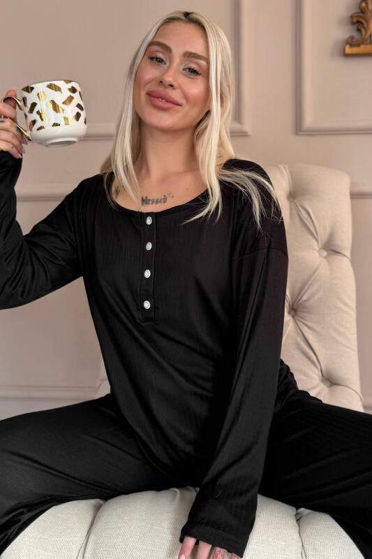 Siyah Dublin Uzun Kollu Patlı Kadın Pijama Takımı - Pijamaevi