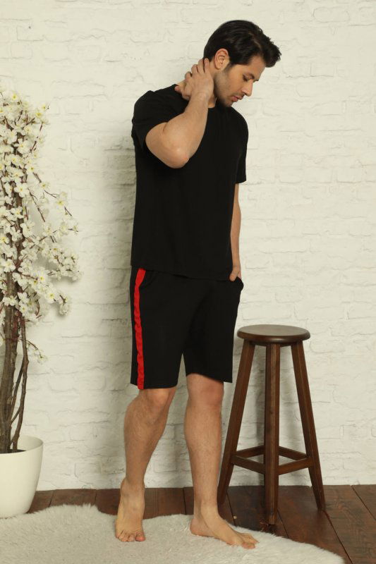 Siyah Düz Basic Şortlu Kısa Kollu Erkek Pijama Takımı - Pijamaevi (1)