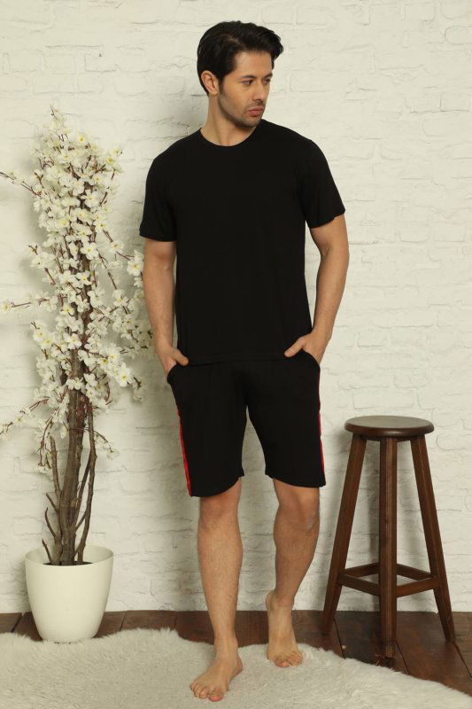Siyah Düz Basic Şortlu Kısa Kollu Erkek Pijama Takımı - Pijamaevi (2)
