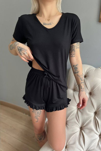 Siyah Düz Baskısız Örme Kısa Kollu Şortlu Pijama Takımı - 4