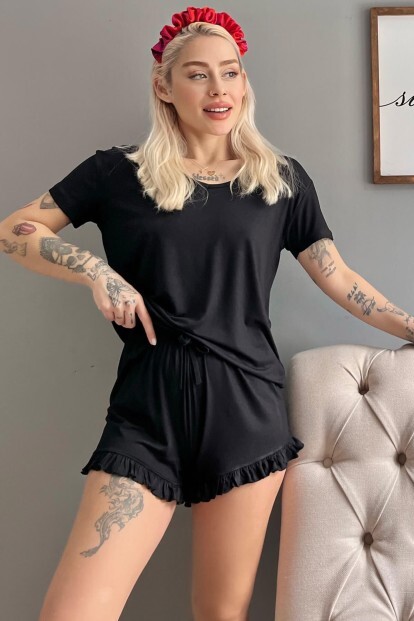 Siyah Düz Baskısız Örme Kısa Kollu Şortlu Pijama Takımı - 5