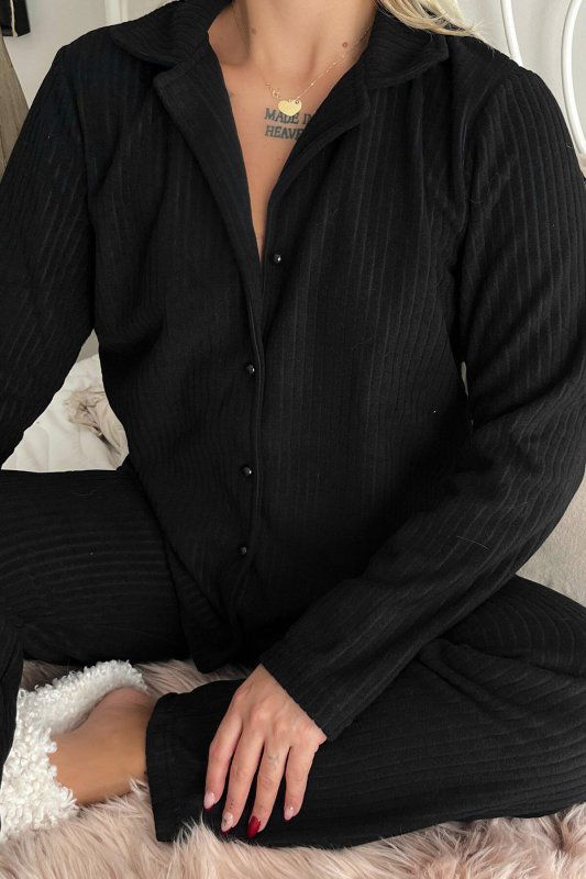 Siyah Düz Önden Düğmeli Peluş Polar Pijama Takımı - Pijamaevi (3)