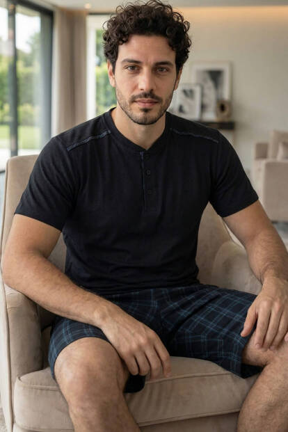 Siyah Ekose Cep Detaylı Şortlu Kısa Kollu Erkek Pijama Takımı 