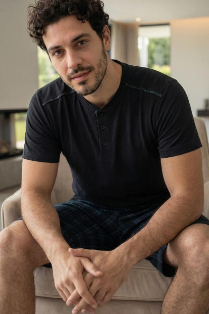 Siyah Ekose Cep Detaylı Şortlu Kısa Kollu Erkek Pijama Takımı - 2