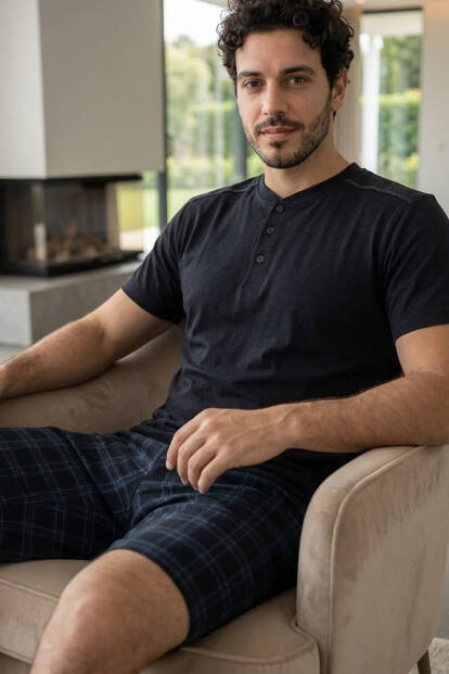 Siyah Ekose Cep Detaylı Şortlu Kısa Kollu Erkek Pijama Takımı - 4