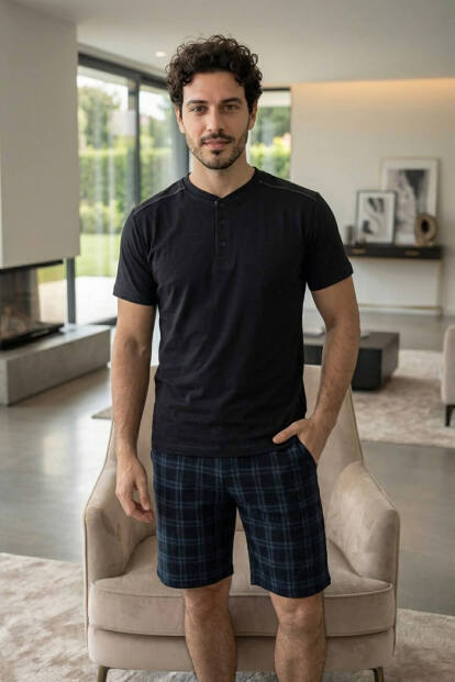 Siyah Ekose Cep Detaylı Şortlu Kısa Kollu Erkek Pijama Takımı - 6