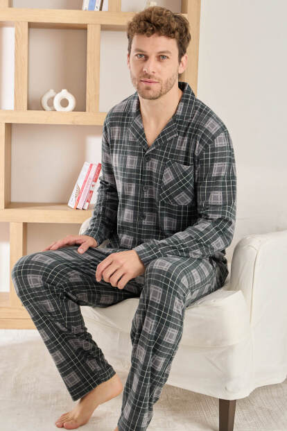 Siyah Ekose Desenli Önden Düğmeli Elegant Erkek Pijama Takımı - 1