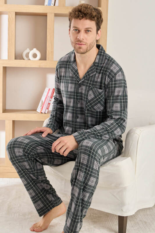 Siyah Ekose Desenli Önden Düğmeli Elegant Erkek Pijama Takımı - Pijamaevi