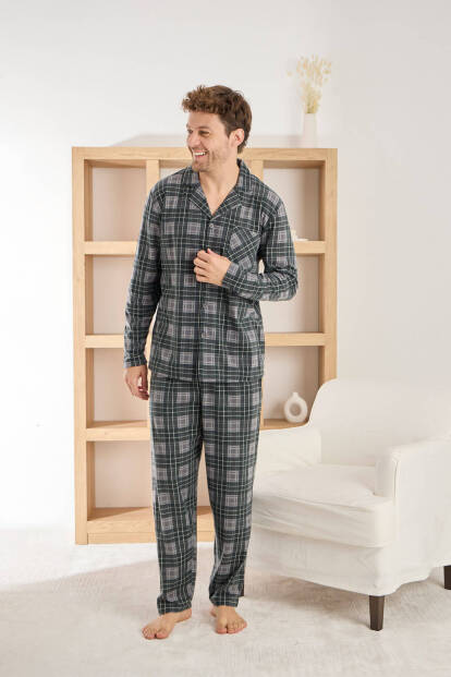 Siyah Ekose Desenli Önden Düğmeli Elegant Erkek Pijama Takımı - 2