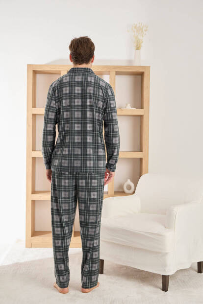 Siyah Ekose Desenli Önden Düğmeli Elegant Erkek Pijama Takımı - 3