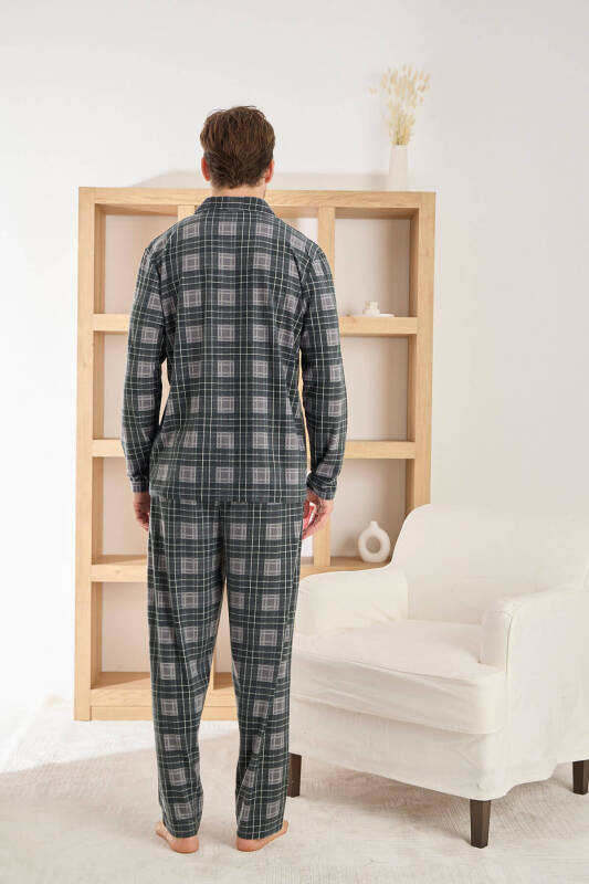 Siyah Ekose Desenli Önden Düğmeli Elegant Erkek Pijama Takımı - Pijamaevi (2)