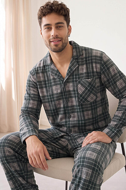 Siyah Ekose Desenli Önden Düğmeli Elegant Erkek Pijama Takımı 