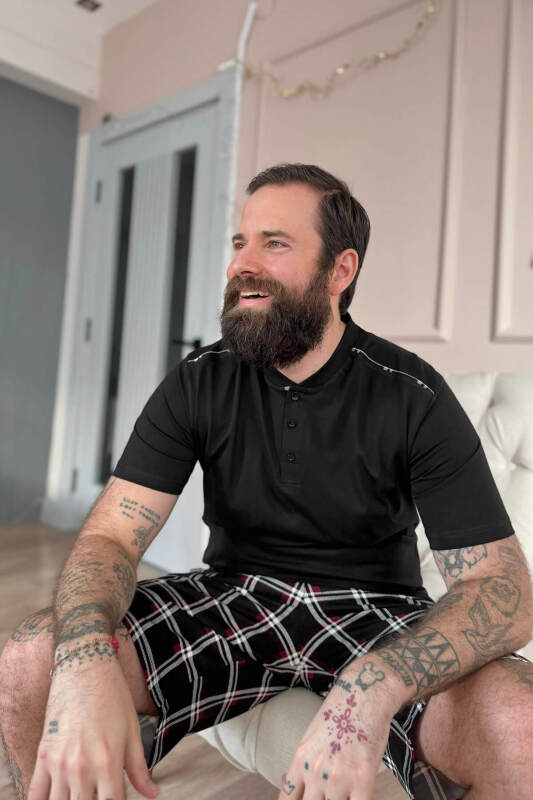 Siyah Ekose Line Edge Detaylı Şortlu Kısa Kollu Erkek Pijama Takımı - Pijamaevi (3)