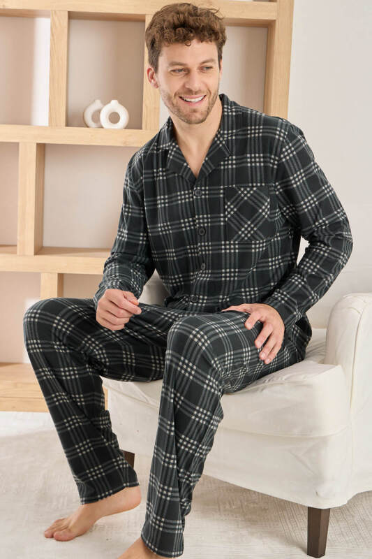 Siyah Ekru Ekose Desenli Önden Düğmeli Elegant Erkek Pijama Takımı - Pijamaevi