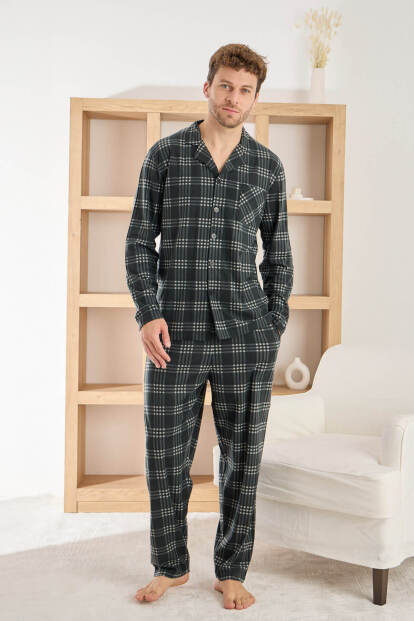 Siyah Ekru Ekose Desenli Önden Düğmeli Elegant Erkek Pijama Takımı - 2