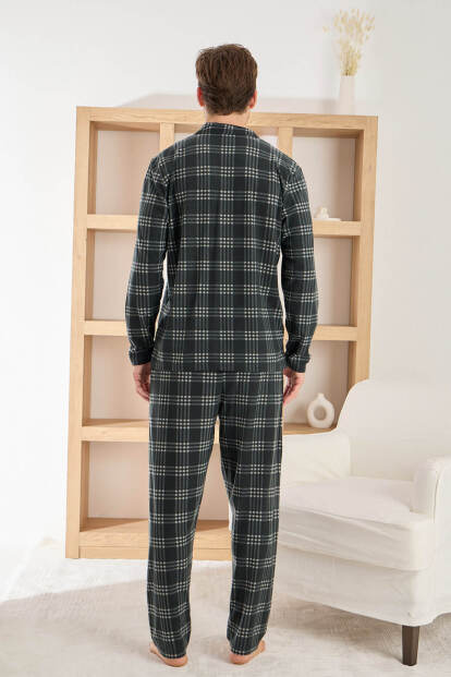 Siyah Ekru Ekose Desenli Önden Düğmeli Elegant Erkek Pijama Takımı - 3
