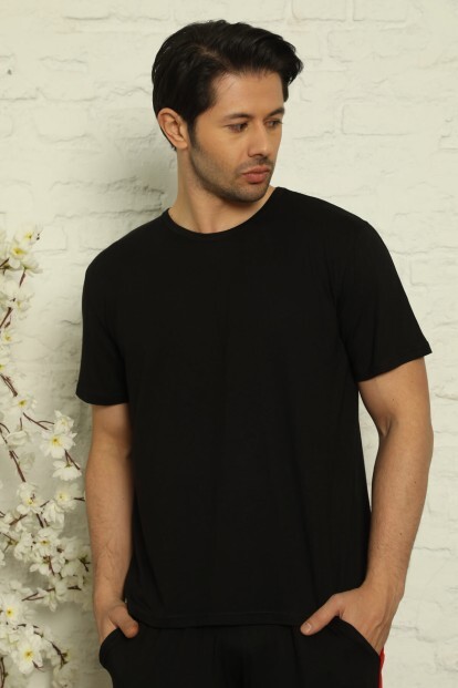 Siyah Erkek Basic Slim Fit Bisiklet Yaka Kısa Kollu Pijama Üstü - 5