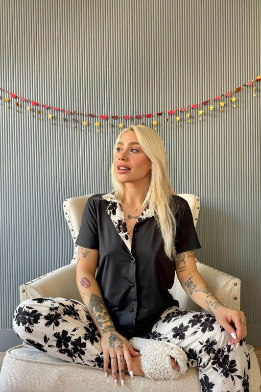 Siyah Florado Exclusive Önden Düğmeli Kısa Kollu Kadın Pijama Takımı - Pijamaevi (2)