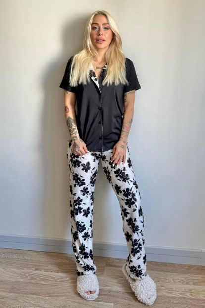 Siyah Florado Exclusive Önden Düğmeli Kısa Kollu Kadın Pijama Takımı - 6