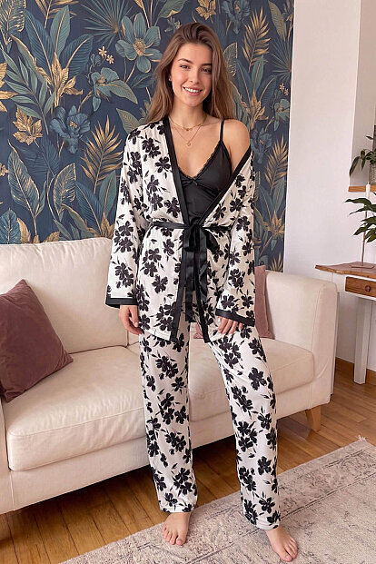 Siyah Flore Exclusive Örme Sabahlıklı Kadın Pijama Takımı - 7