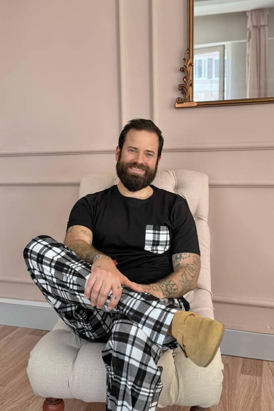 Siyah Füme Ekose Cep Detay Kısa Kollu Erkek Pijama Takımı - Pijamaevi (3)