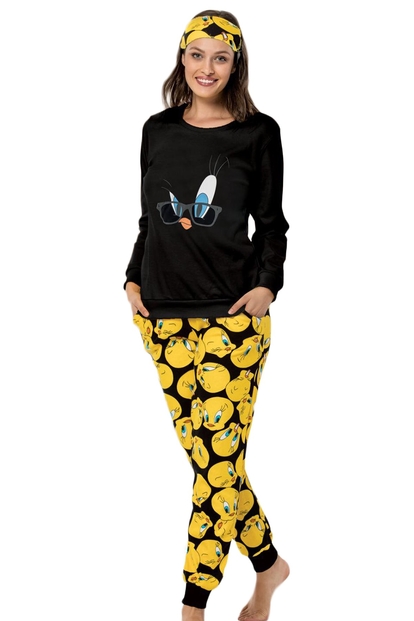 Siyah Göz Desenli Uzun Kollu Manşetli Kadın Pijama Takımı - 1