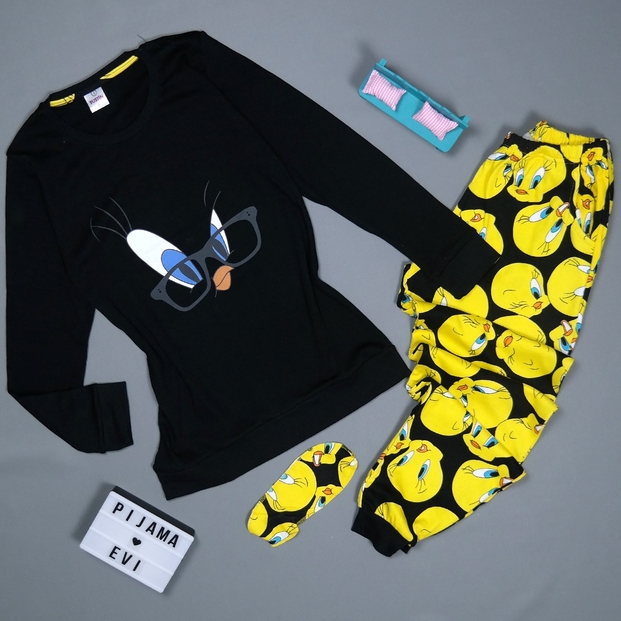 Siyah Göz Desenli Uzun Kollu Manşetli Kadın Pijama Takımı - 2