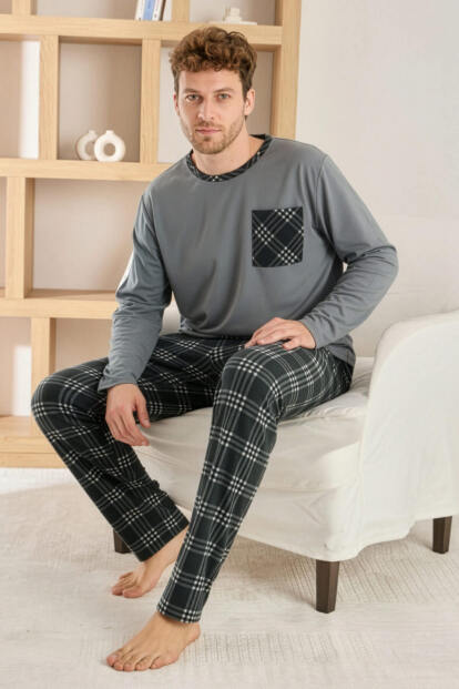 Siyah Gri Ekose Desenli Elegant Erkek Pijama Takımı - 1