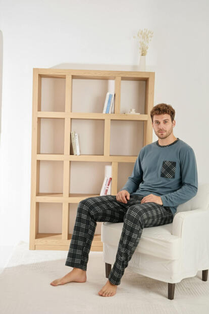 Siyah Gri Ekose Desenli Elegant Erkek Pijama Takımı - 2
