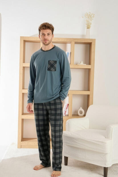 Siyah Gri Ekose Desenli Elegant Erkek Pijama Takımı - 3