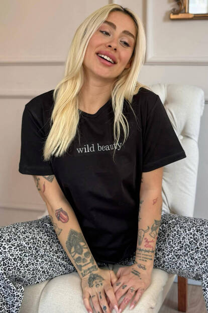 Siyah Gri Wild Beauty Desenli Pamuk Kısa Kollu Kadın Pijama Takımı - 1