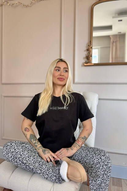 Siyah Gri Wild Beauty Desenli Pamuk Kısa Kollu Kadın Pijama Takımı - 2