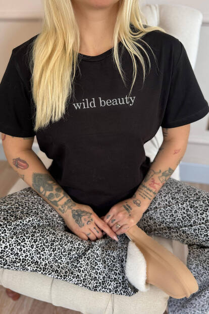 Siyah Gri Wild Beauty Desenli Pamuk Kısa Kollu Kadın Pijama Takımı - 5