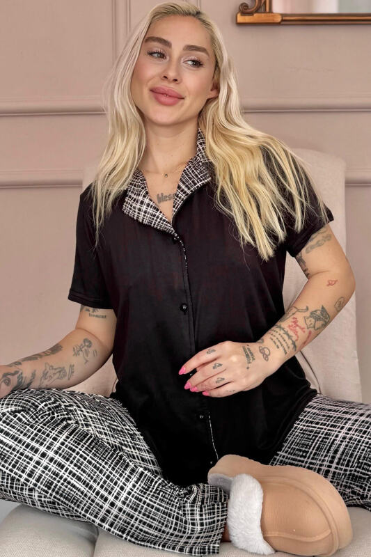 Siyah Grid Exclusive Önden Düğmeli Kadın Pijama Takımı - Pijamaevi