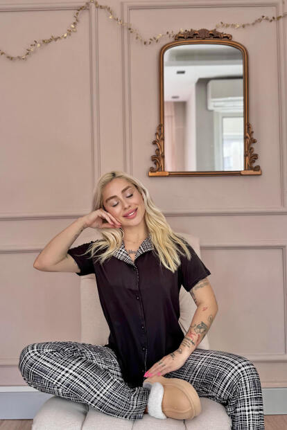 Siyah Grid Exclusive Önden Düğmeli Kadın Pijama Takımı - 3
