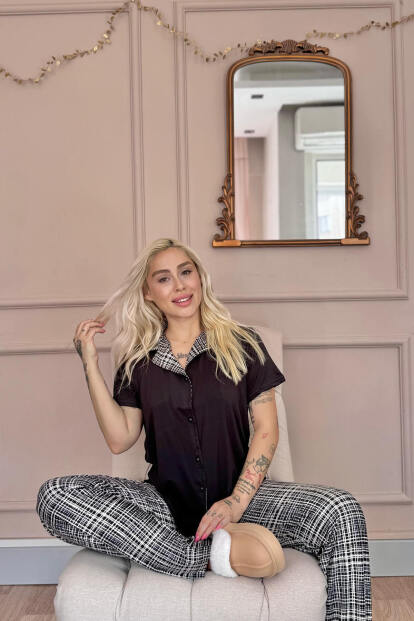 Siyah Grid Exclusive Önden Düğmeli Kadın Pijama Takımı - 4