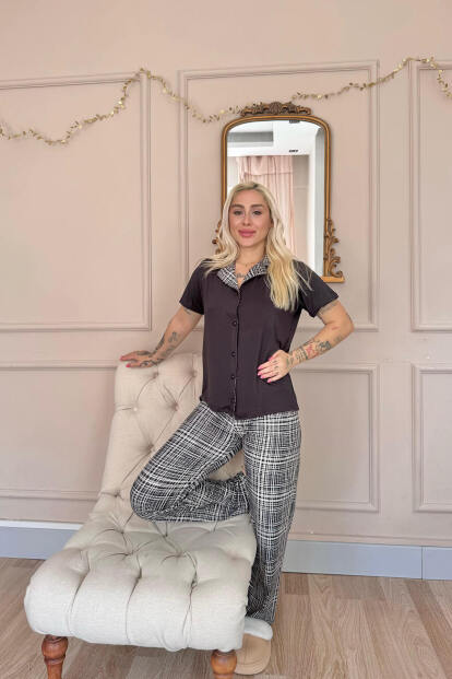 Siyah Grid Exclusive Önden Düğmeli Kadın Pijama Takımı - 6