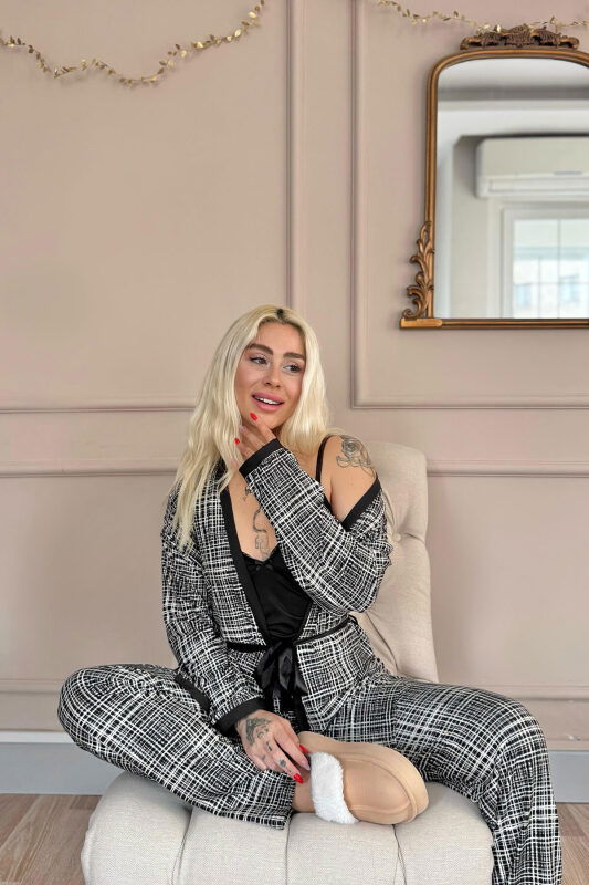 Siyah Grid Exclusive Örme Sabahlıklı Kadın Pijama Takım - Pijamaevi (1)