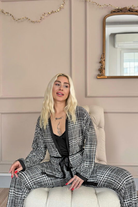 Siyah Grid Exclusive Örme Sabahlıklı Kadın Pijama Takım - Pijamaevi (2)