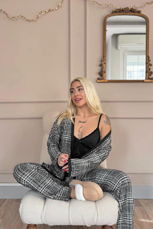 Siyah Grid Exclusive Örme Sabahlıklı Kadın Pijama Takım - Pijamaevi (3)