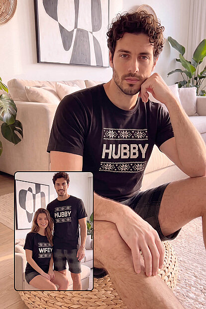 Siyah Hubby Şortlu Sevgili Aile Pijaması - Erkek Takımı - 1